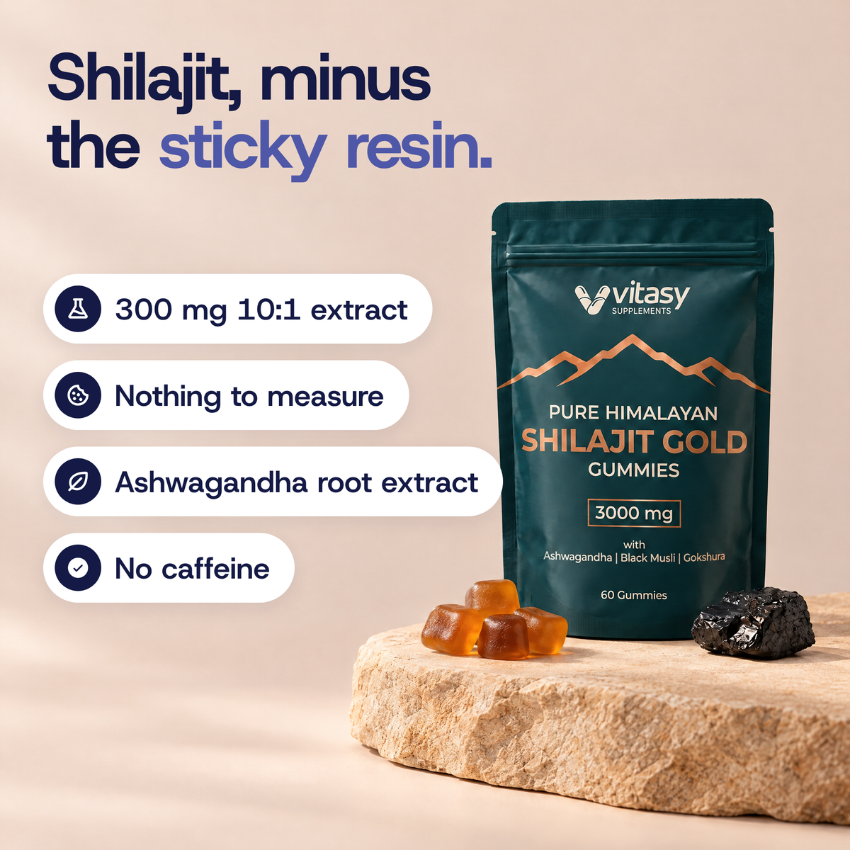 Shilajit Gummies pouch on a stone slab: 300 mg 10:1 extract, nothing to measure, ashwagandha root extract, no caffeine
