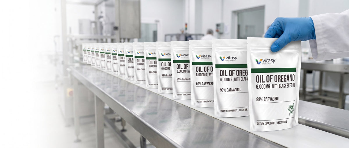 Pouches of Vitasy Oil of Oregano on a production line