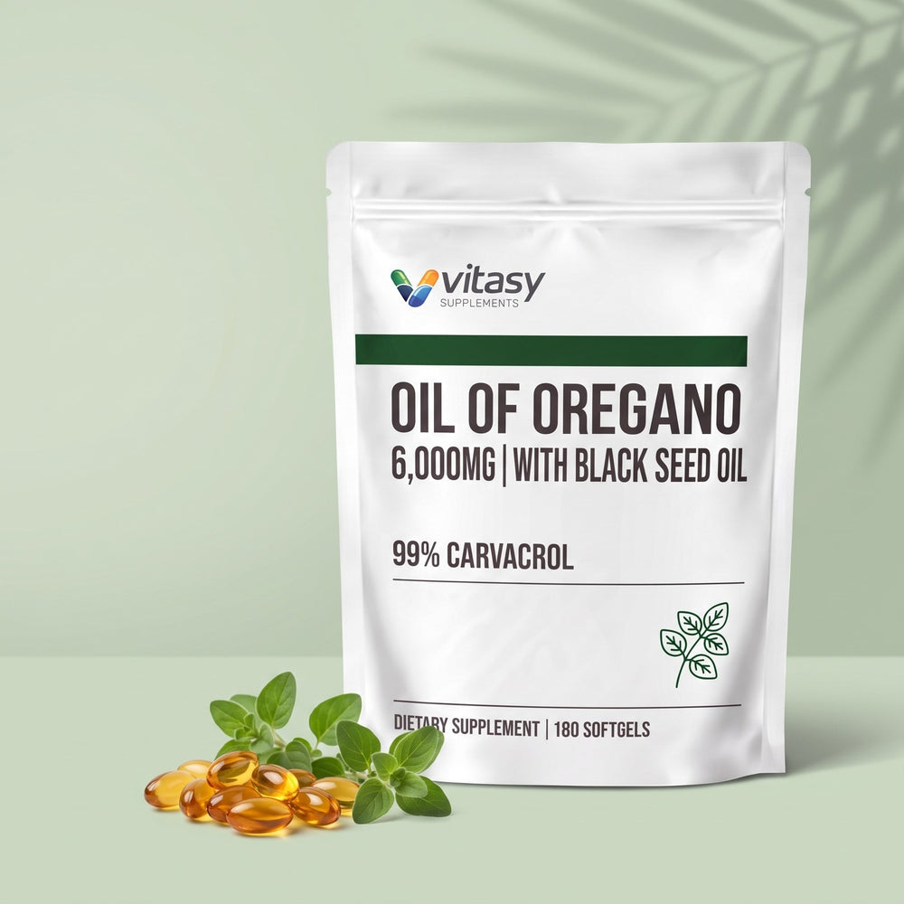 Vitasy Oil of Oregano pouch with oregano leaves and softgels