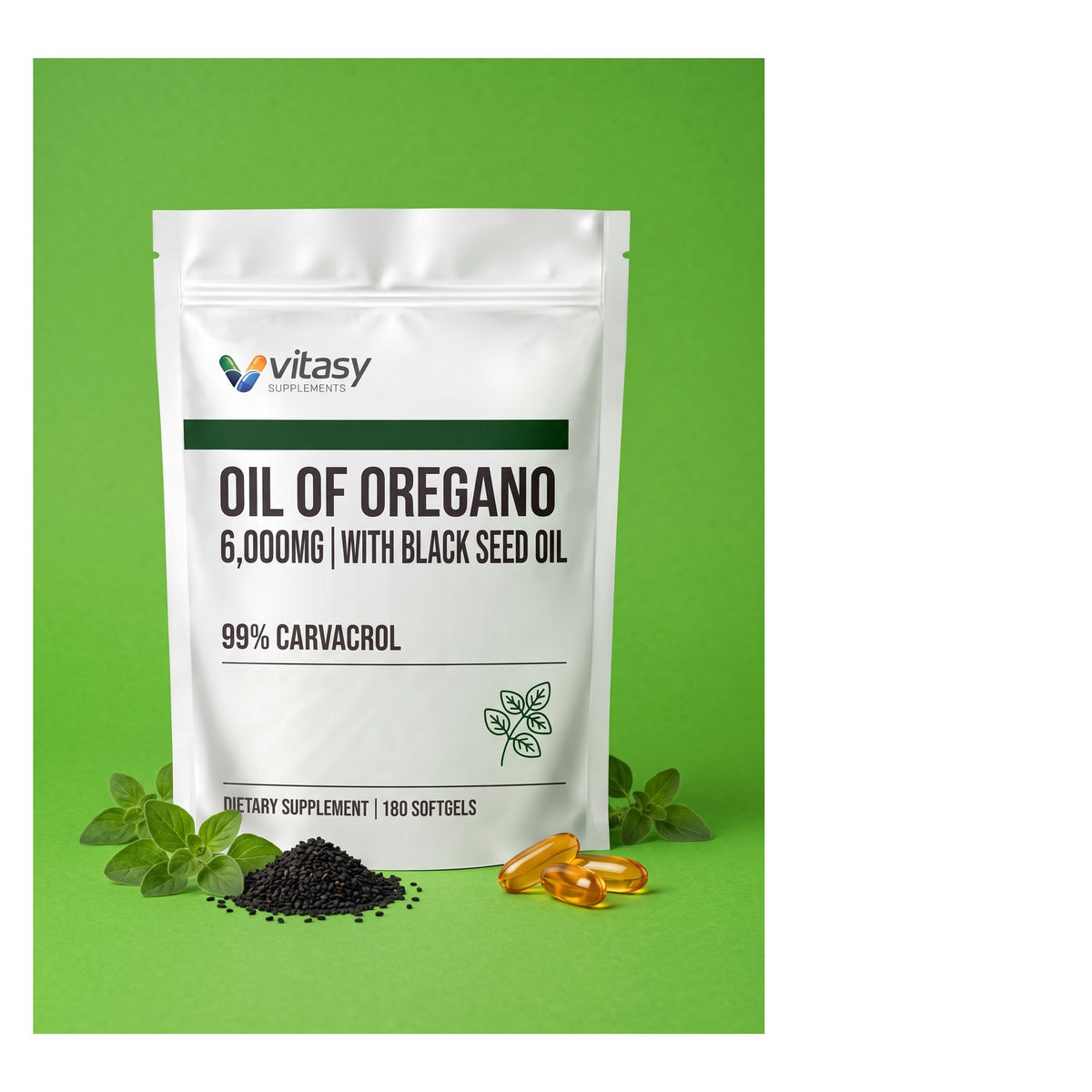 Vitasy Oil of Oregano softgels pouch on a green background
