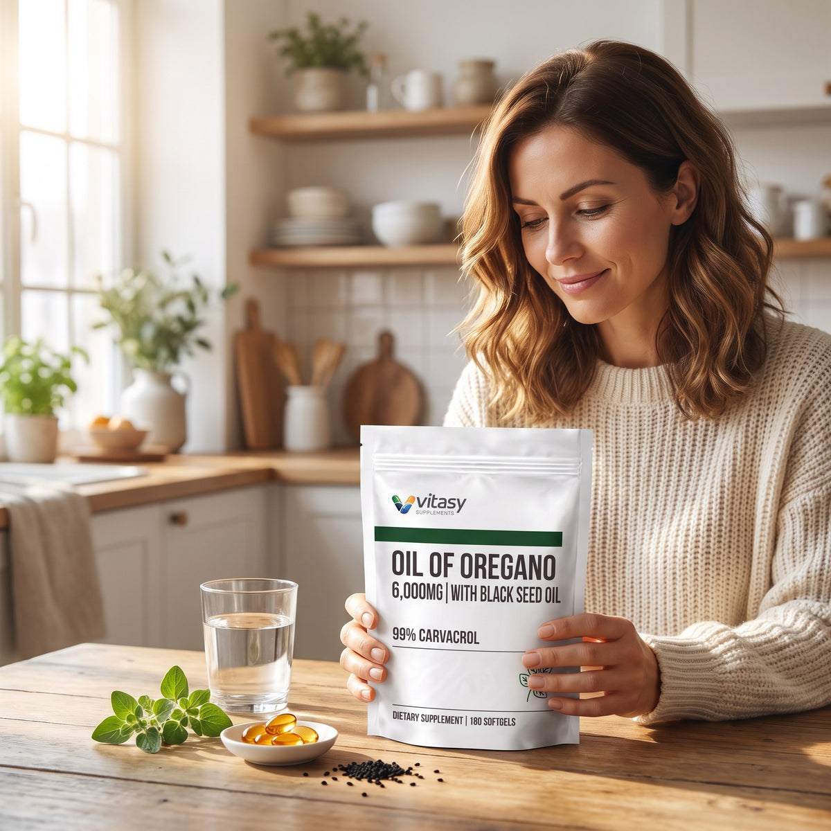 Woman at a kitchen table holding the Vitasy Oil of Oregano pouch