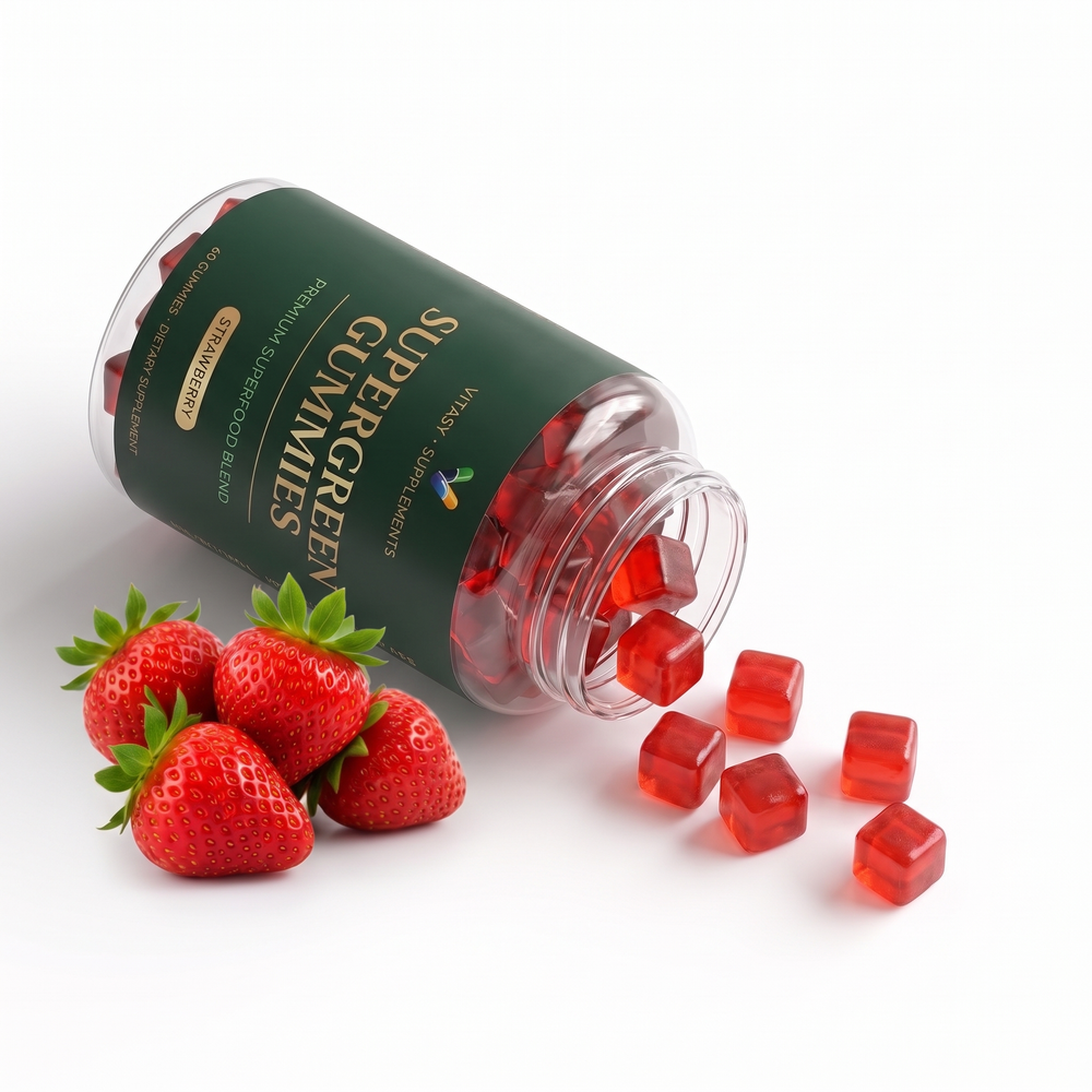 Supergreen Gummies v10 — Lifestyle Bottle On Side