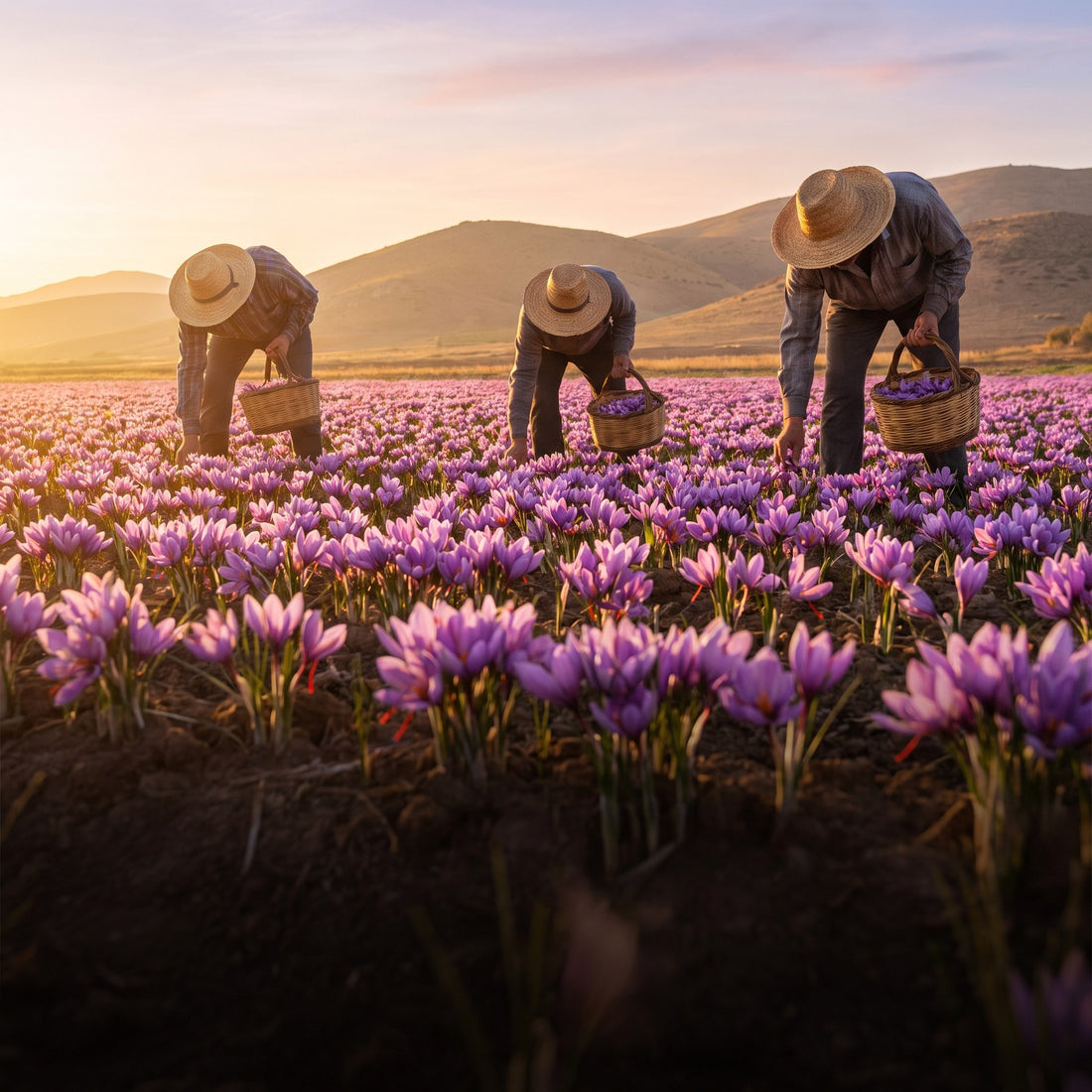 Saffron crocus field during harvest