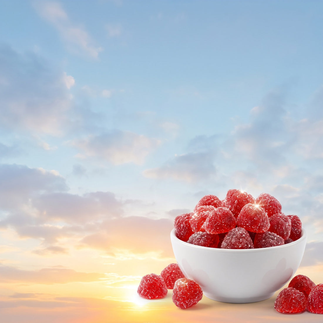 Bowl of mixed berry gummies in a soft sunrise sky