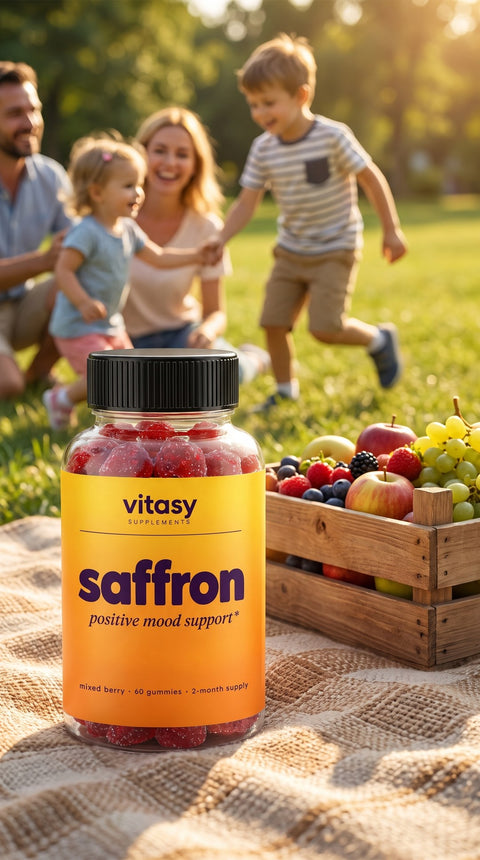 Bottle of Vitasy Saffron Gummies on a picnic blanket with a family in the park