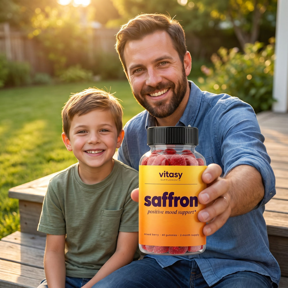 Dad and son on wooden porch steps, dad holding a bottle of Vitasy Saffron Gummies