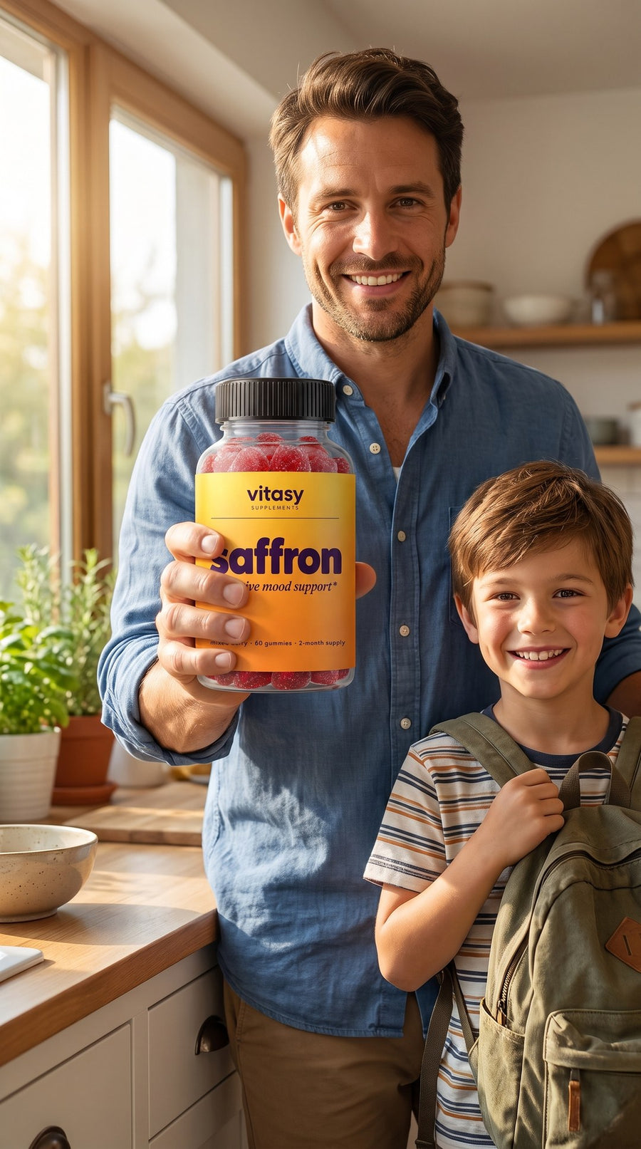 Dad holding a bottle of Vitasy Saffron Gummies in the kitchen with his son