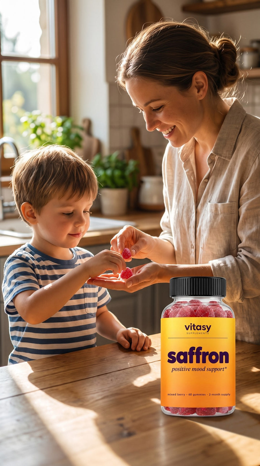 Mom giving her son one berry gummy, bottle on the counter