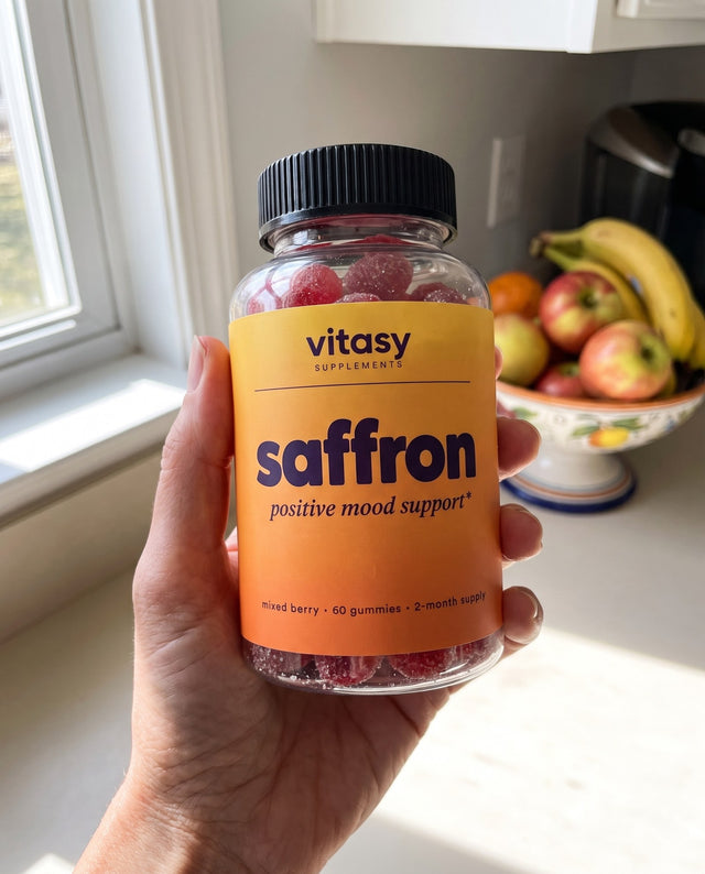 Hand holding a jar of Vitasy Saffron Gummies in a bright kitchen