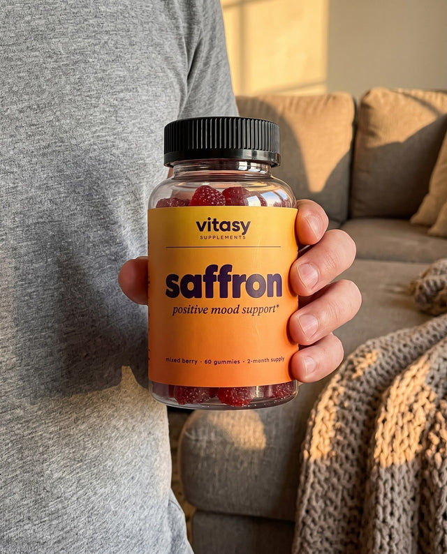 Parent holding a jar of Vitasy Saffron Gummies at home