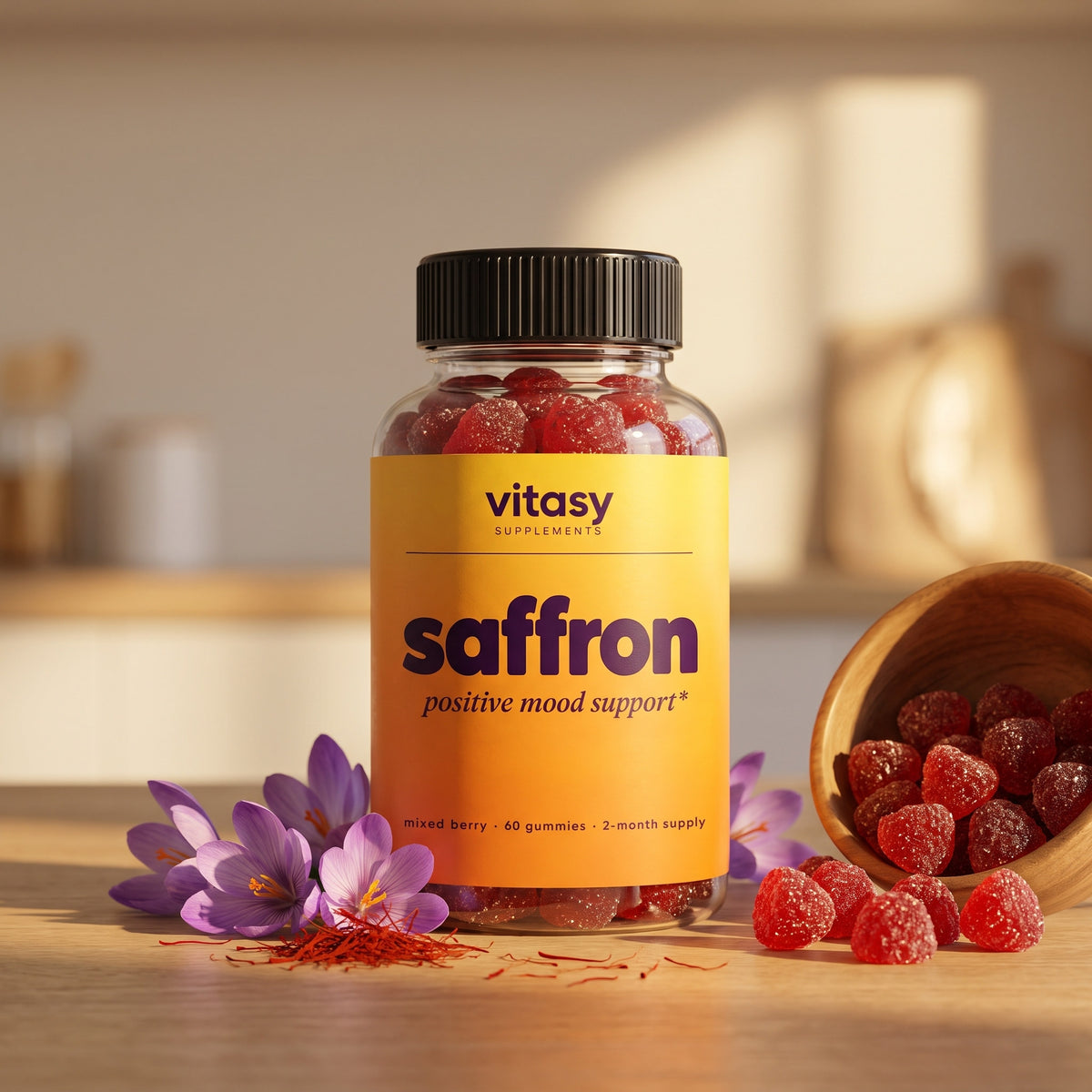 Vitasy Saffron Gummies bottle with saffron threads, crocus flowers and mixed berry gummies on a warm wooden table