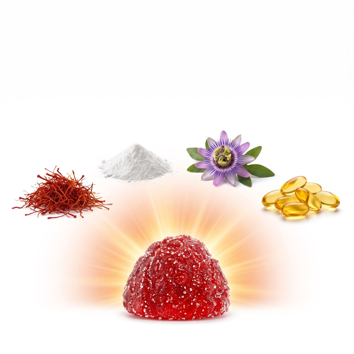 Mixed berry saffron gummy with saffron, vitamins B6 and B12, vitamin C and vitamin D3