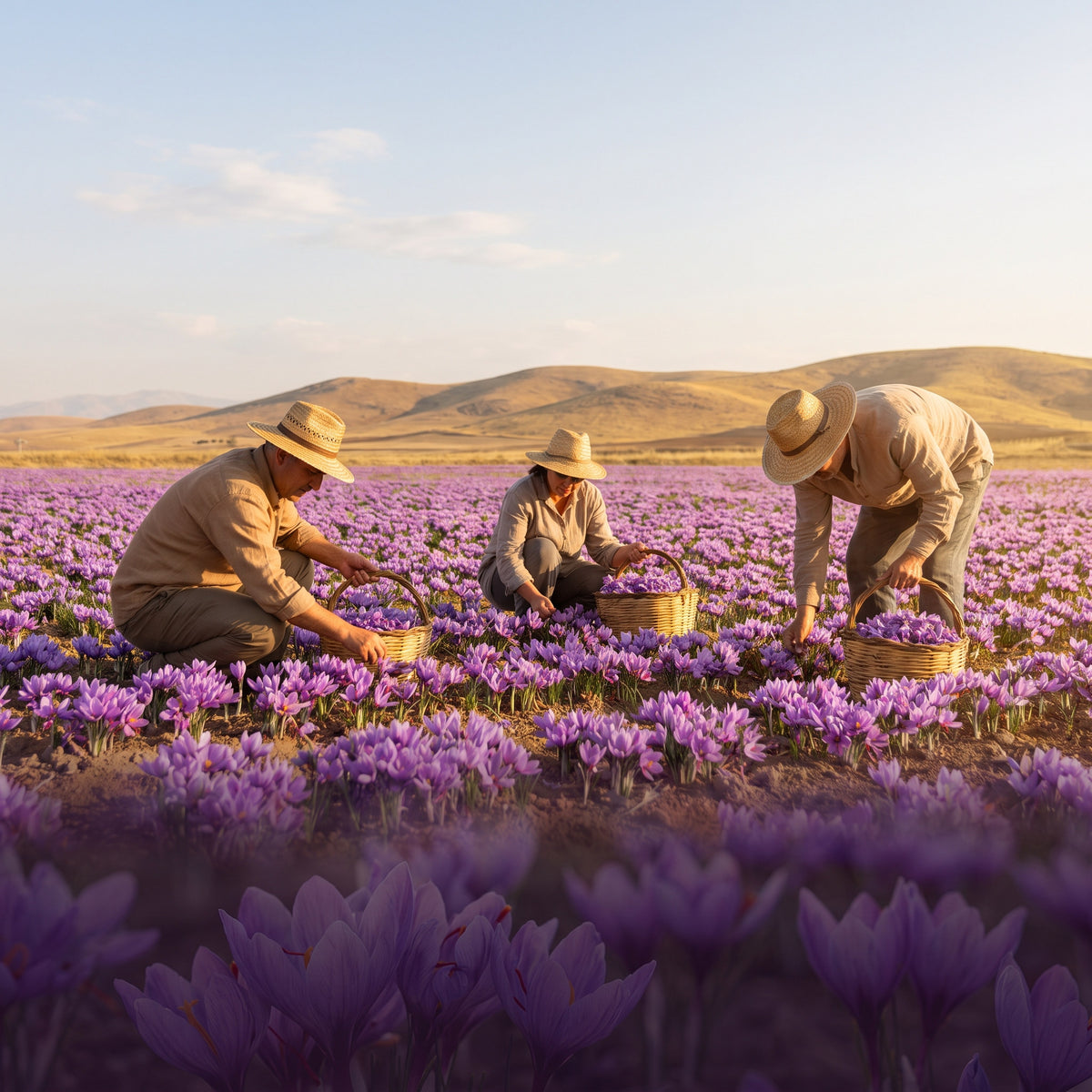 Saffron crocus field during harvest