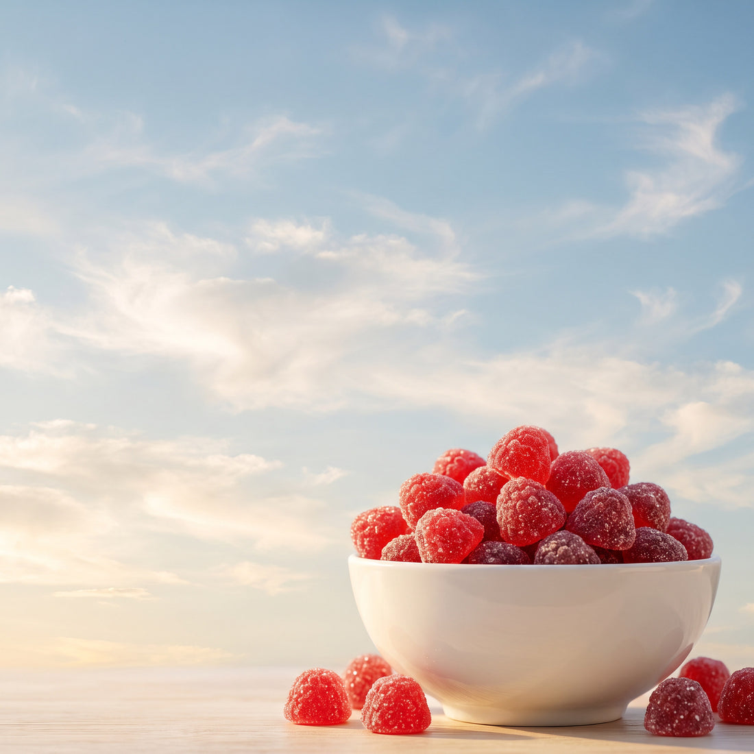 A bowl of mixed berry gummies against a blue sky