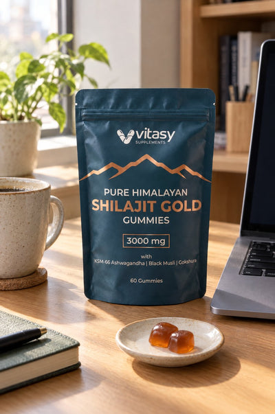 Pouch of Vitasy Shilajit Gummies on a work desk