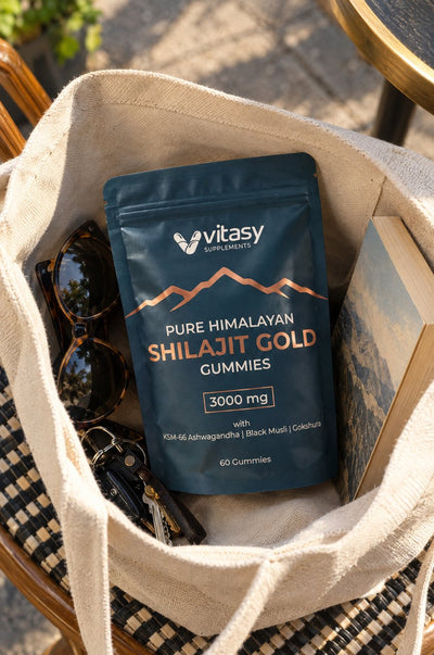 Pouch of Vitasy Shilajit Gummies in a tote bag