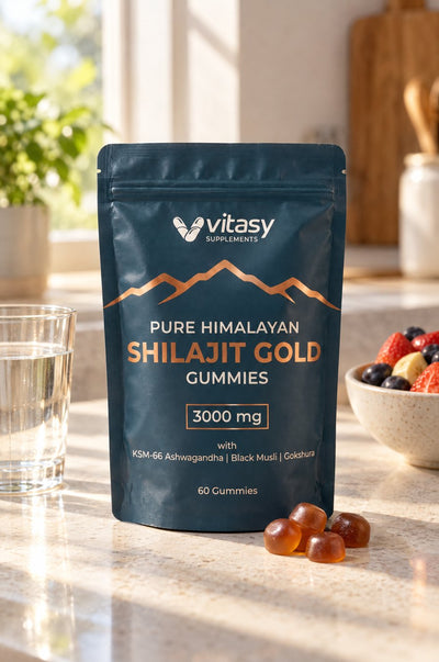 Pouch of Vitasy Shilajit Gummies on a kitchen counter in the morning