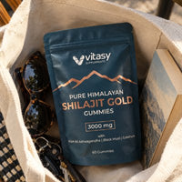 Pouch of Vitasy Shilajit Gummies in a tote bag