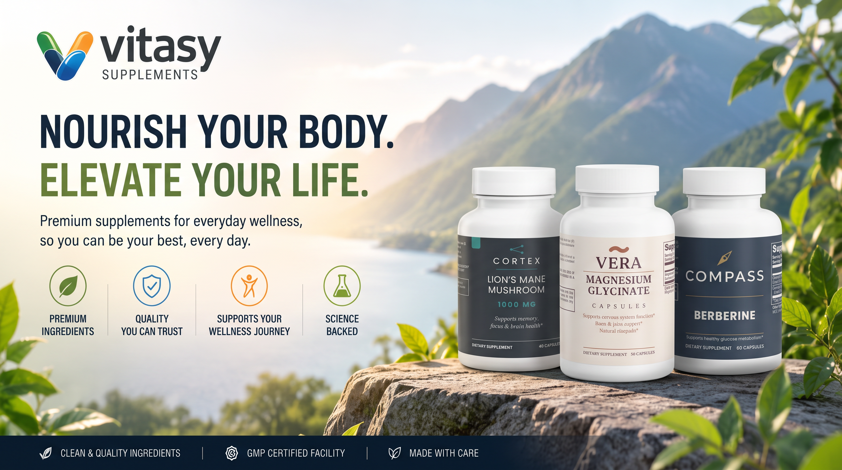 Vitasy Supplements hero banner with Lion's Mane Mushroom, Magnesium Glycinate and Berberine