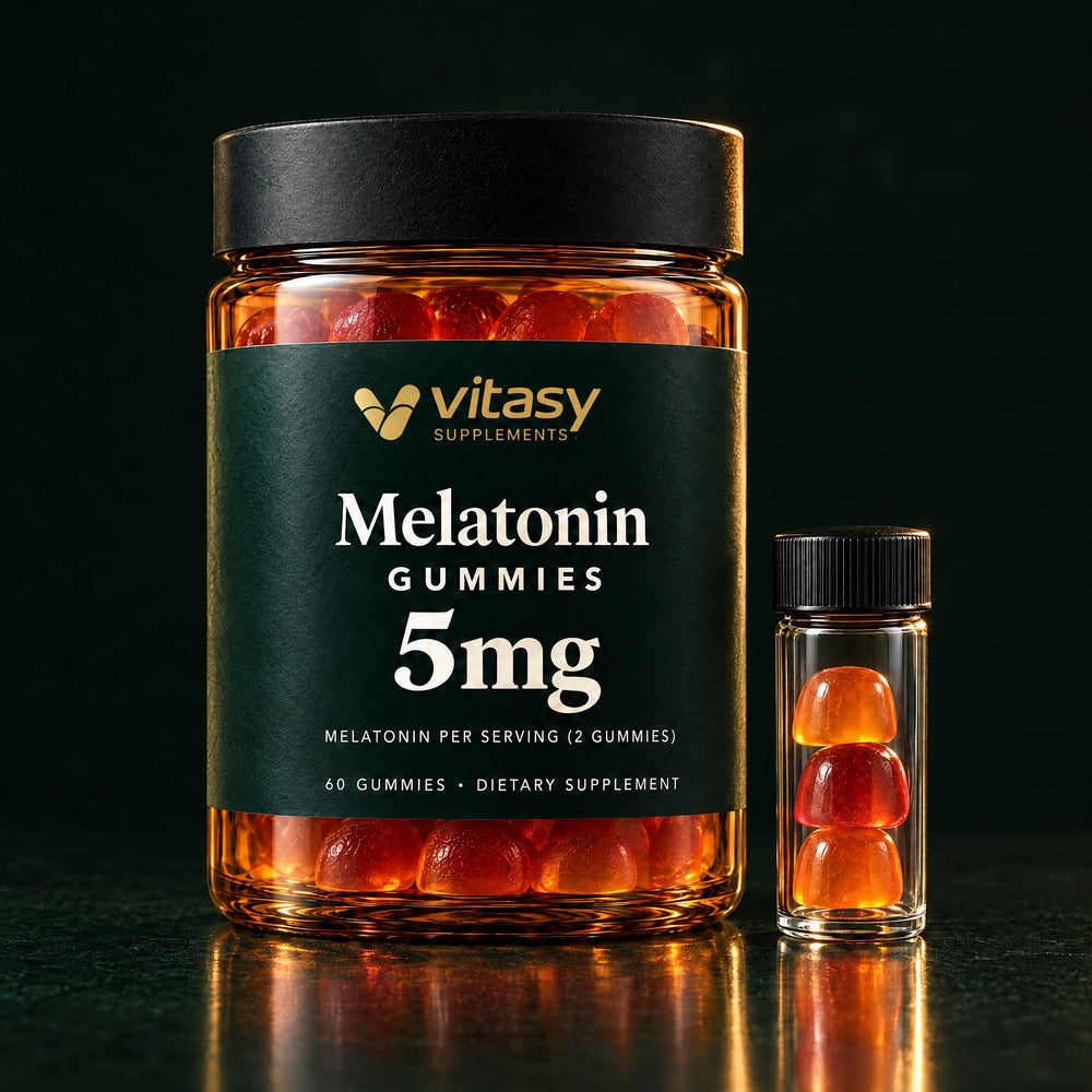 Vitasy Melatonin Gummies jar next to a small glass vial of gummies
