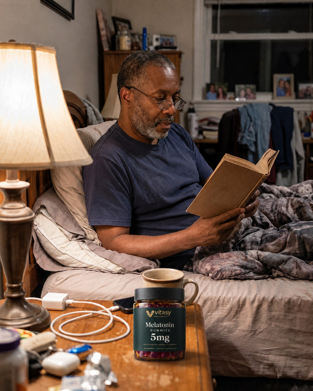 Man reading in bed with the jar on his nightstand