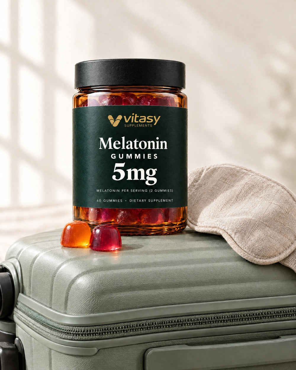 Vitasy Melatonin Gummies jar on a carry-on suitcase with a linen sleep mask