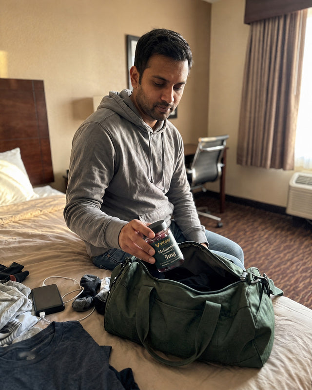 Man unpacking a duffel bag on a hotel bed, holding a Vitasy Melatonin Gummies jar
