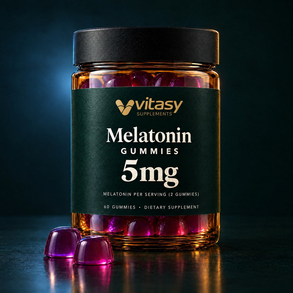 Vitasy Melatonin Gummies jar on a deep green-black background with cool rim light