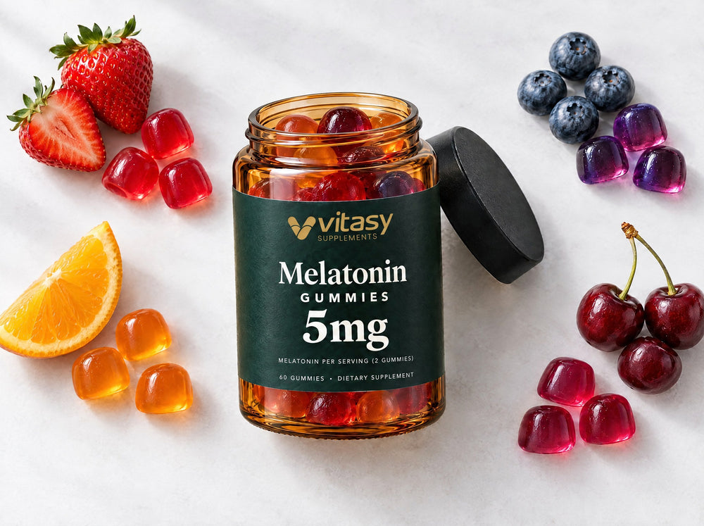 Vitasy Melatonin Gummies jar flatlay with gummies and strawberry, orange, blueberry and cherry