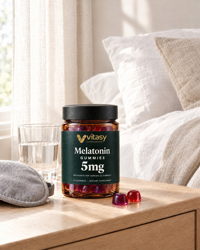 Bright bedroom in daytime with an eye mask and a Vitasy Melatonin Gummies jar on the nightstand