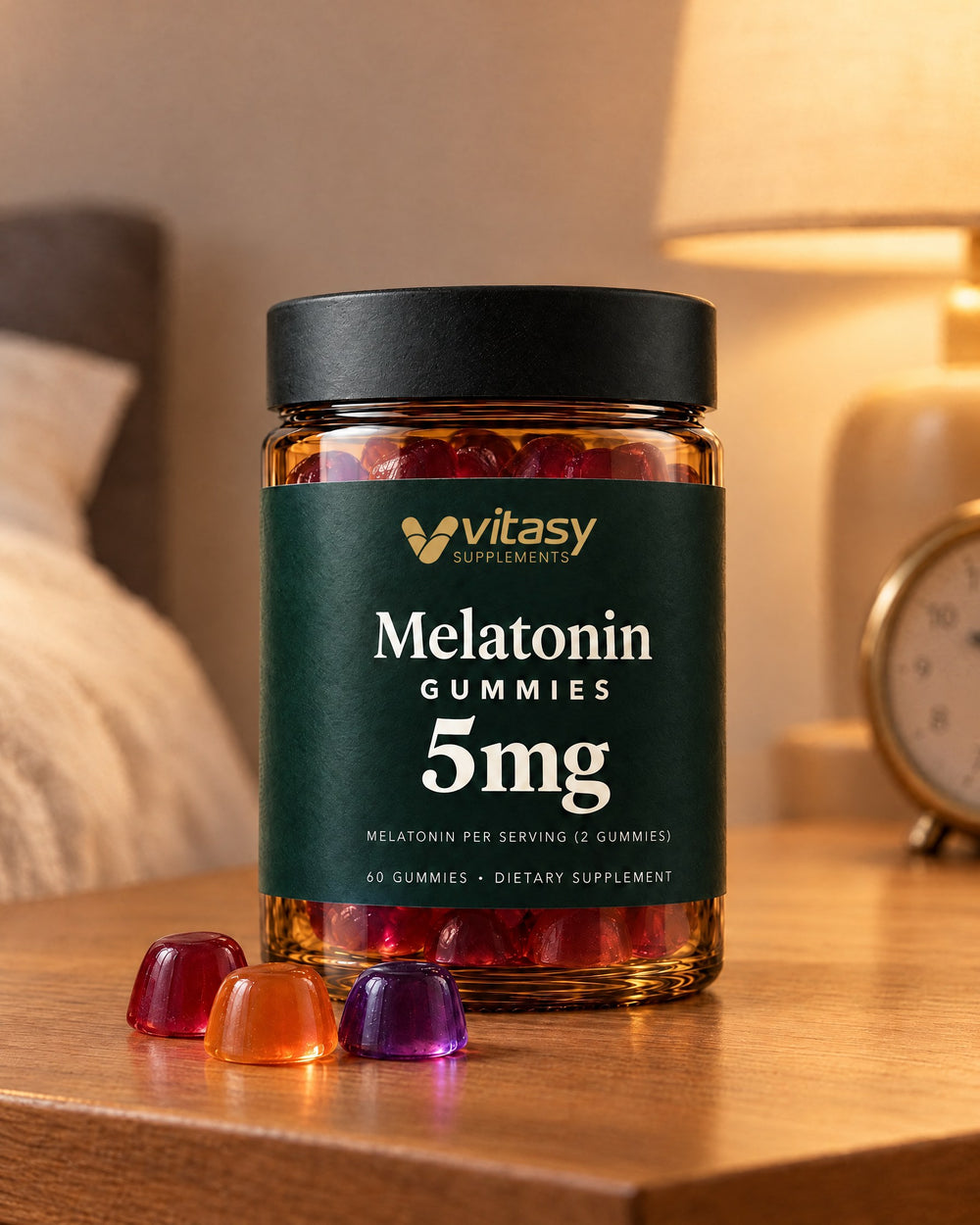 Vitasy Melatonin Gummies jar on a nightstand with a warm lamp and a clock