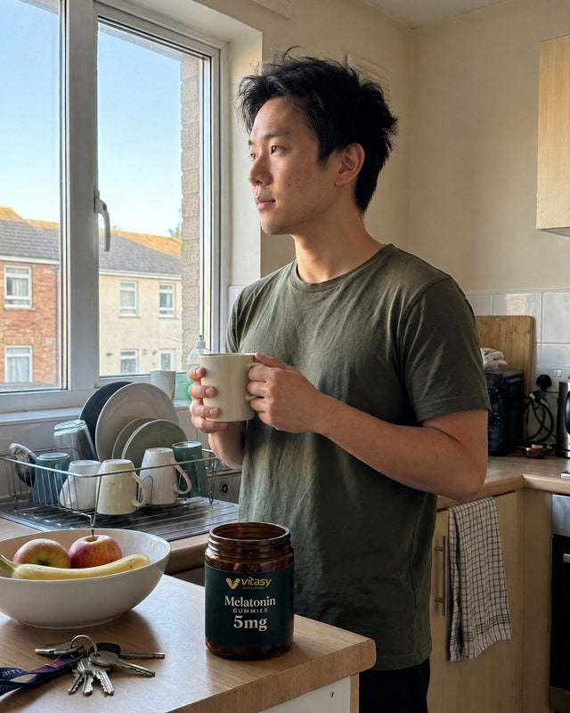 Man with a morning coffee by the kitchen window, Vitasy Melatonin Gummies jar on the counter