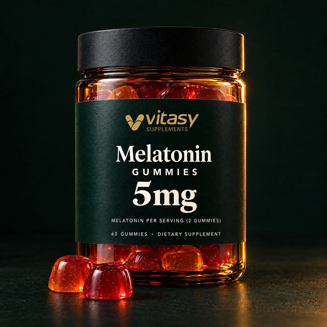 Vitasy Melatonin Gummies jar on a deep green-black background