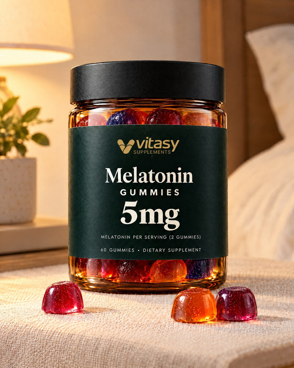 Vitasy Melatonin Gummies jar on a bedside table with gummies in front, lamp glow