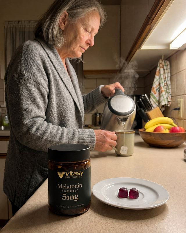 Woman pouring tea next to a Vitasy Melatonin Gummies jar and a plate with two gummies