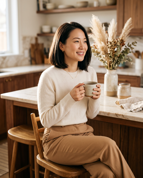 Woman holding a mug at her kitchen counter