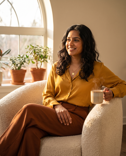 Woman with a warm drink relaxing in an armchair