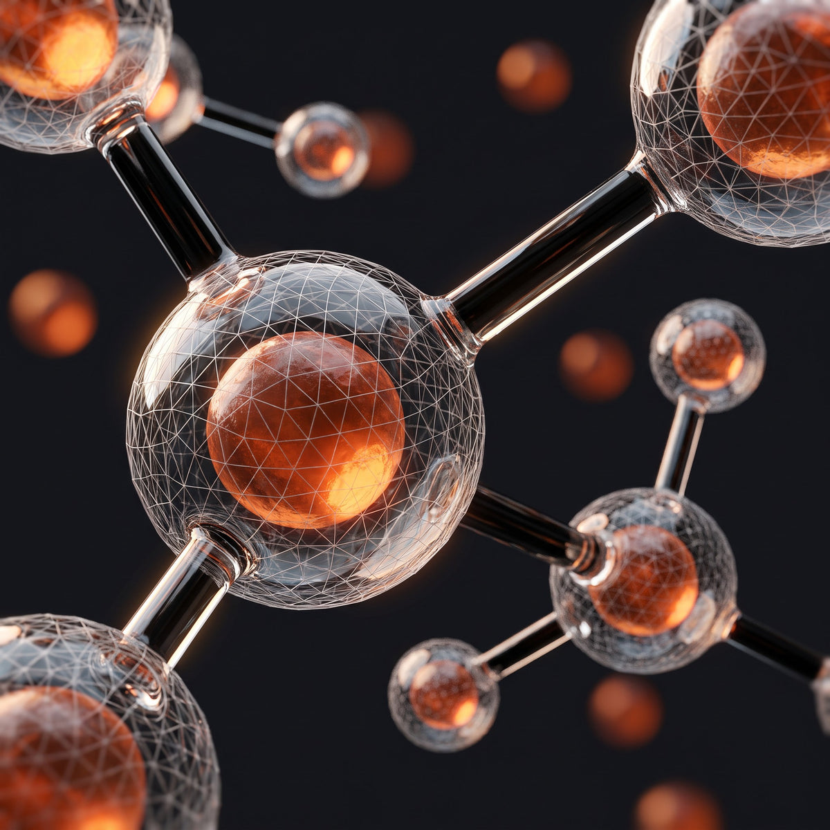 Close-up 3D render of glassy amino acid molecules in warm orange tones