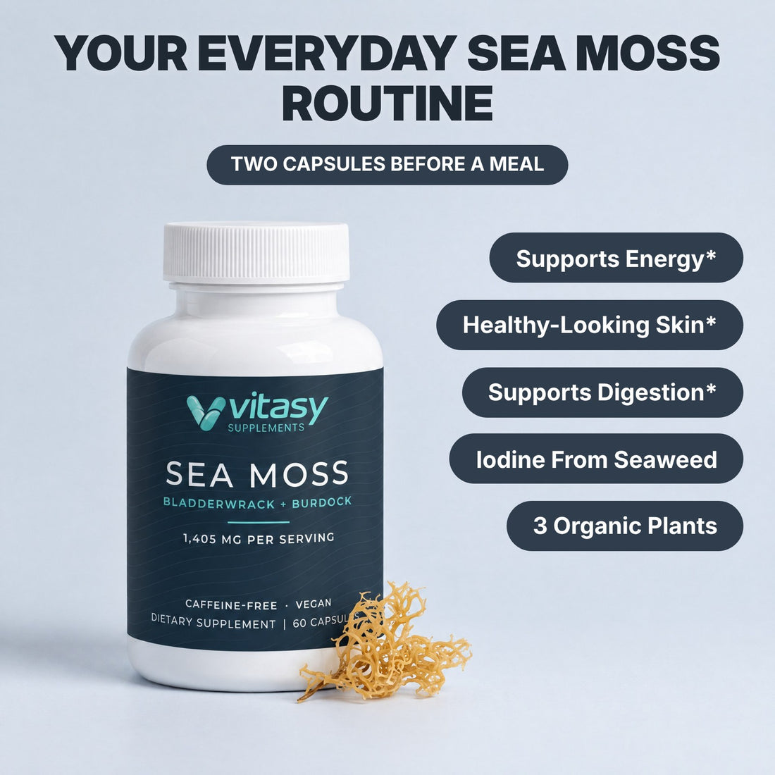 Vitasy Sea Moss Capsules bottle with a sprig of sea moss: two capsules before a meal