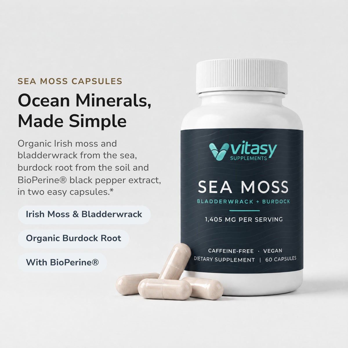 Vitasy Sea Moss Capsules bottle with beige capsules: Ocean Minerals, Made Simple. Irish moss and bladderwrack, organic burdock root, with BioPerine®