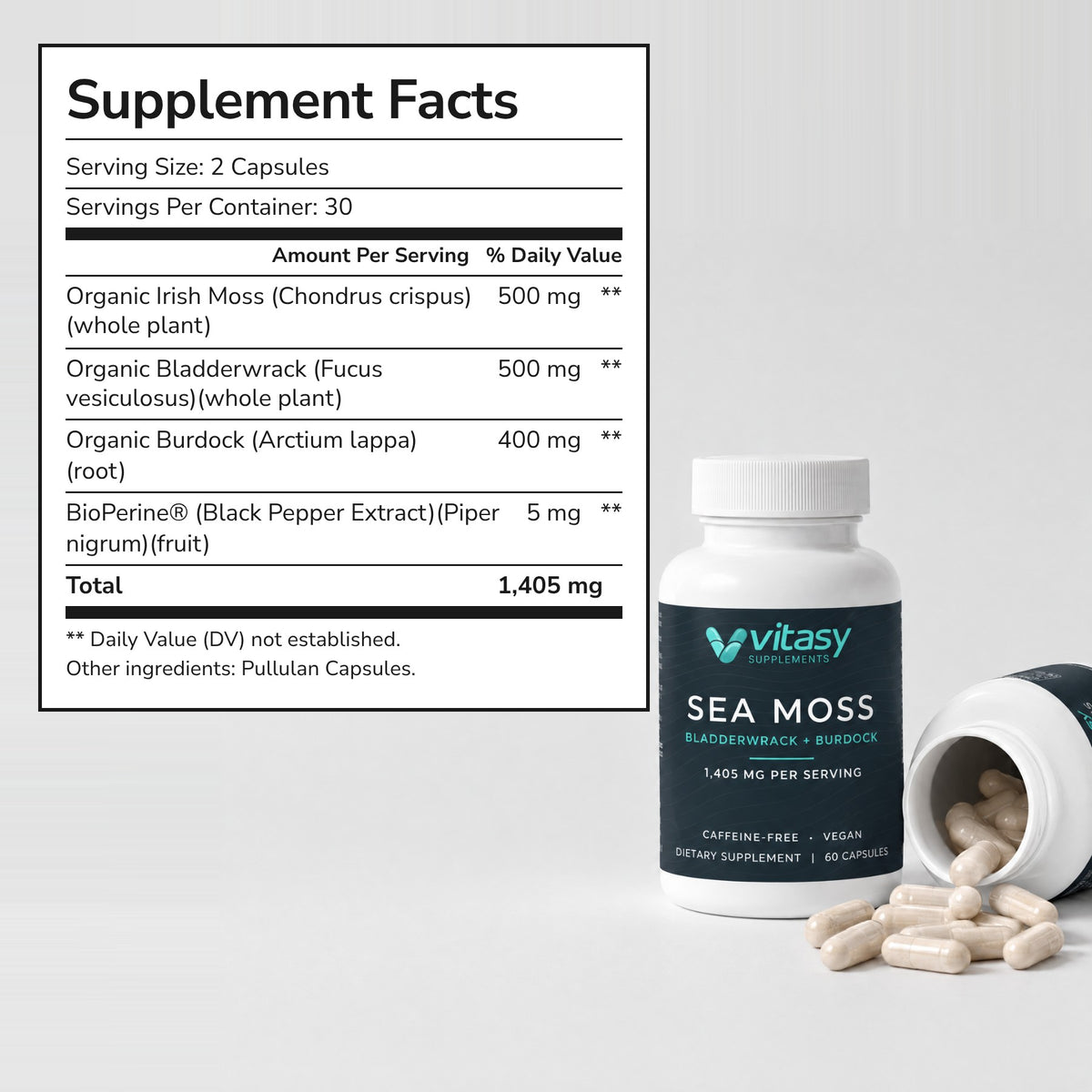 Supplement Facts: 2 capsules per serving, 30 servings. Organic Irish Moss 500 mg, Organic Bladderwrack 500 mg, Organic Burdock root 400 mg, BioPerine® 5 mg, next to the Vitasy Sea Moss Capsules bottle