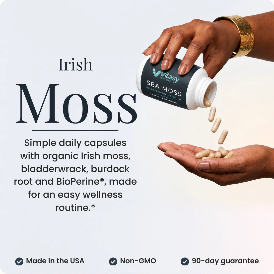 Irish Moss: simple daily capsules with organic Irish moss, bladderwrack, burdock root and BioPerine. Made in the USA, Non-GMO, 90-day guarantee