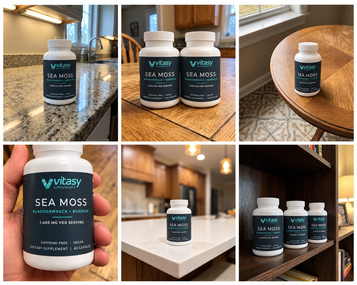 Six everyday photos of Vitasy Sea Moss Capsules bottles at home