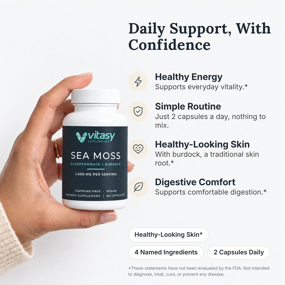 Hand holding Vitasy Sea Moss Capsules: healthy energy, simple routine, healthy-looking skin and digestive comfort