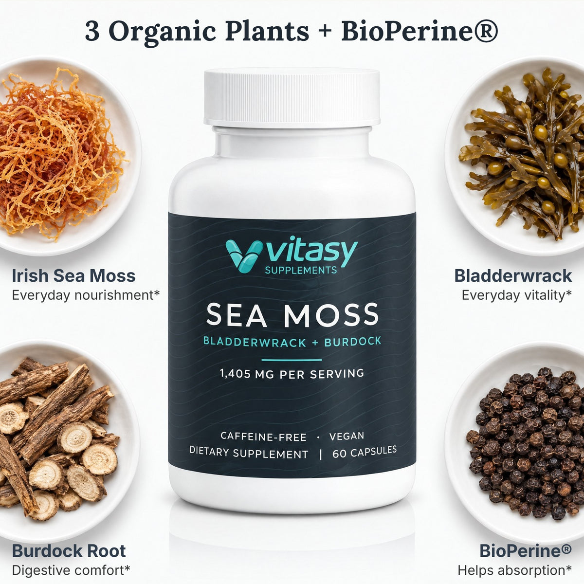 Vitasy Sea Moss Capsules with Irish sea moss, bladderwrack, burdock root and BioPerine black pepper
