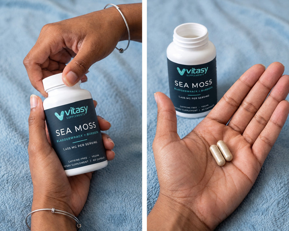 Hands opening the bottle and holding two capsules