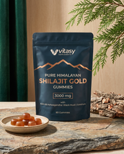 Vitasy Pure Himalayan Shilajit Gold Gummies pouch on a stone slab with a dish of gummies