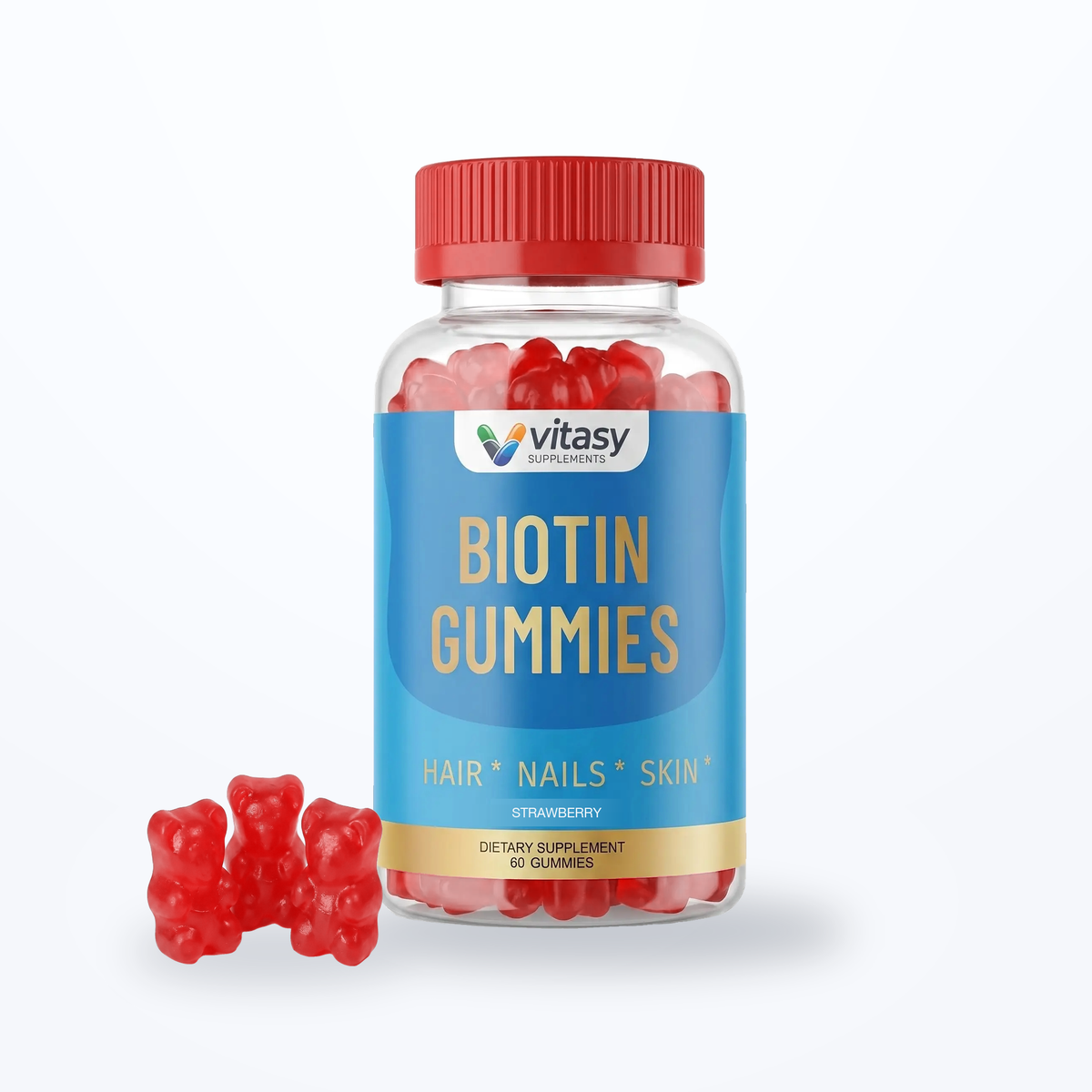Biotin Gummies v4 - Gallery Image 1 - Google Shopping-safe Strawberry flavor hero — locked v4 master geometry
