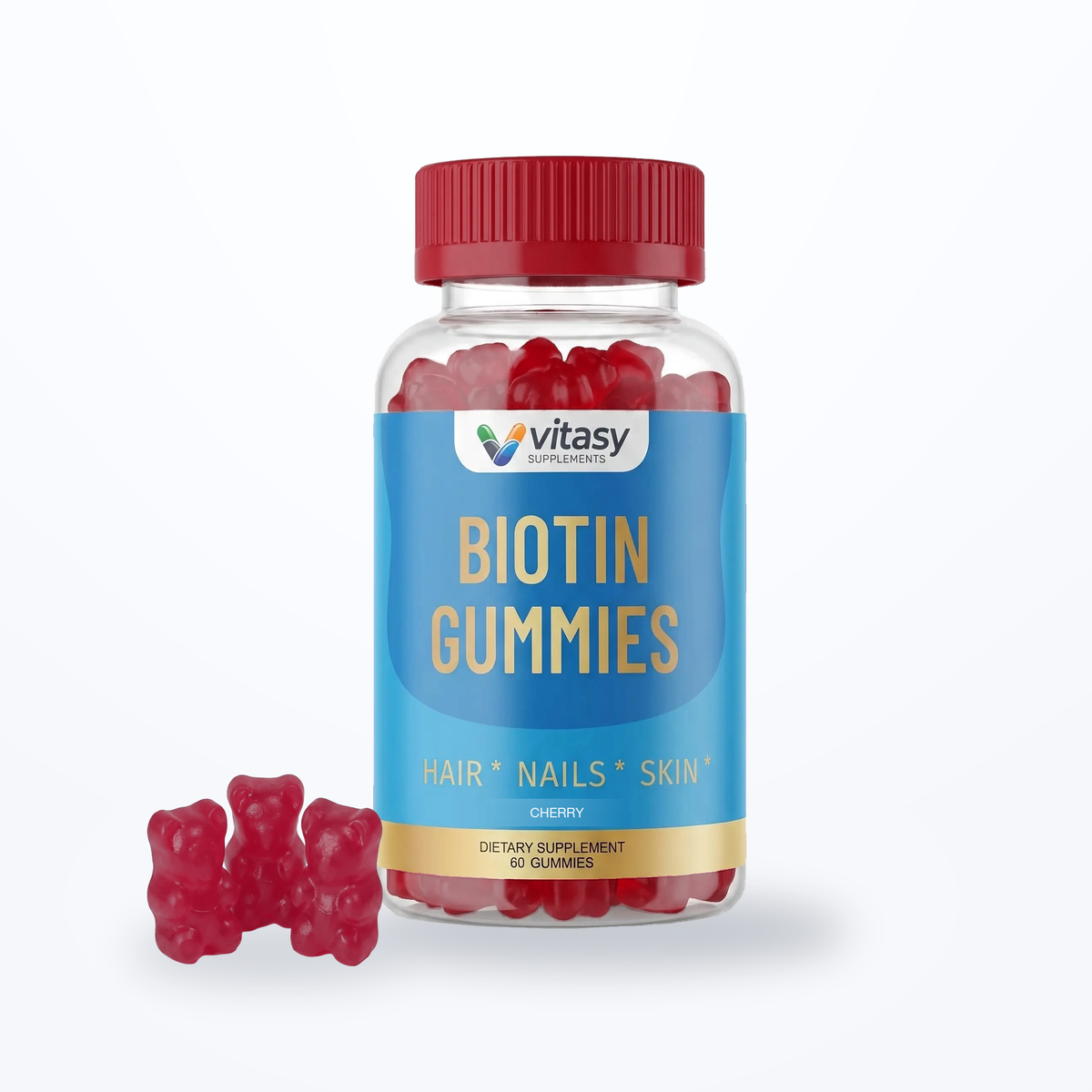Biotin Gummies v4 - Gallery Image 4 - Google Shopping-safe Cherry flavor hero — locked v4 master geometry