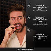 Biotin Gummies v3 - Gallery Image 5 - Portrait + checked hair/skin/nails support panel